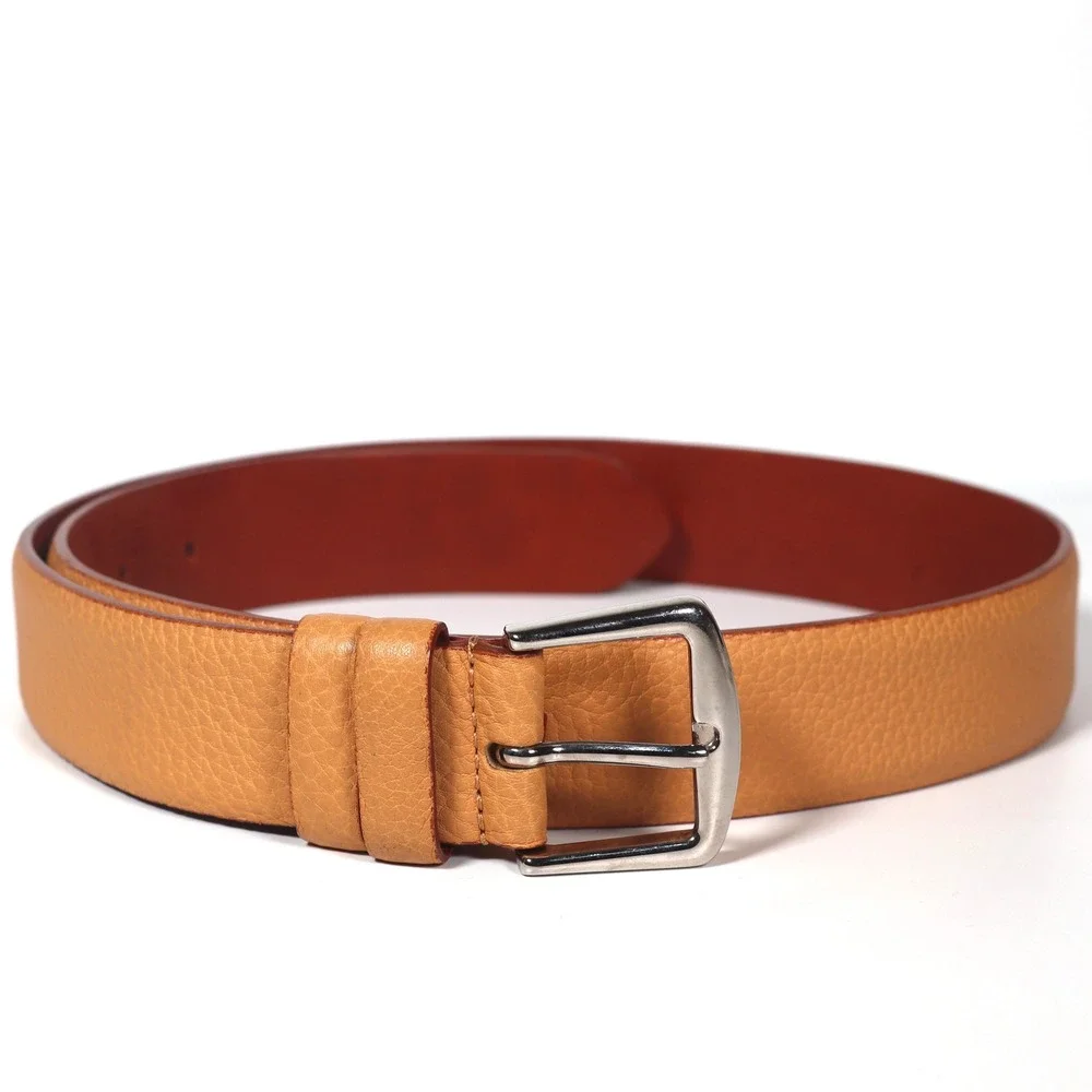 Loro Piana Tan Pebbled Leather Belt Silver Buckle Italy Made Size 80 32 Luxury